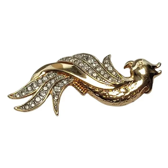 Van Dell Gold Tone Clear Rhinestone Parrot Bird Brooch, Signed